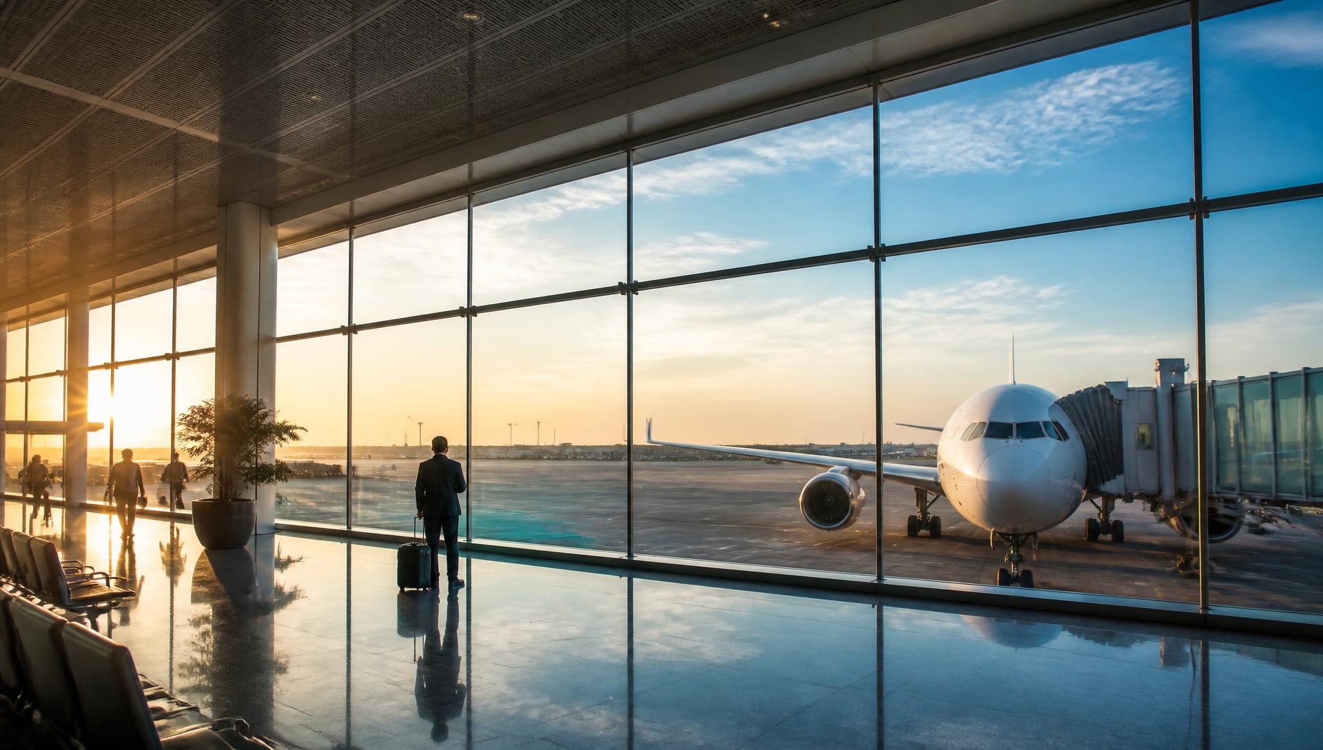 Modern international airport terminal overlooking an aircraft at the gate